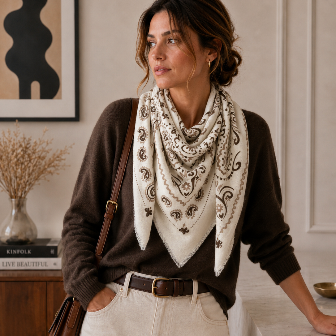 Paisley Square Scarf in Ivory and Chocolate - Sidney Byron