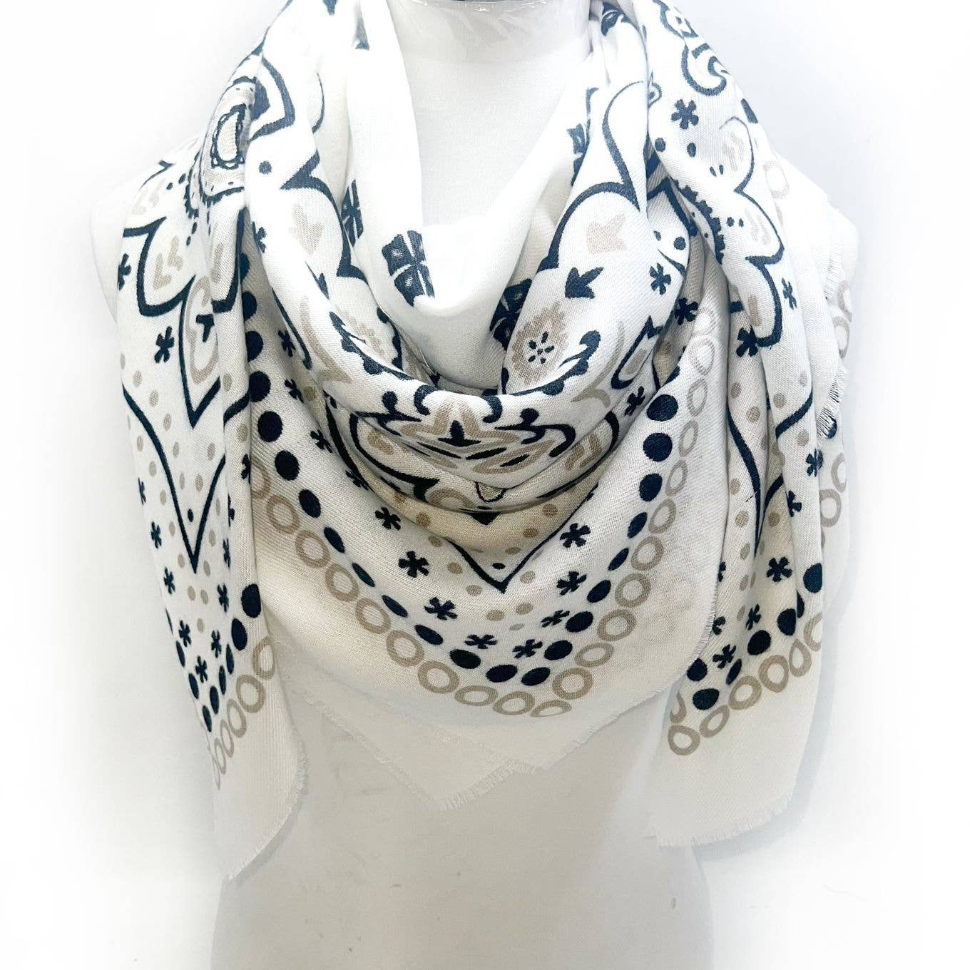 Paisley Square Scarf in White and Navy - Sidney Byron