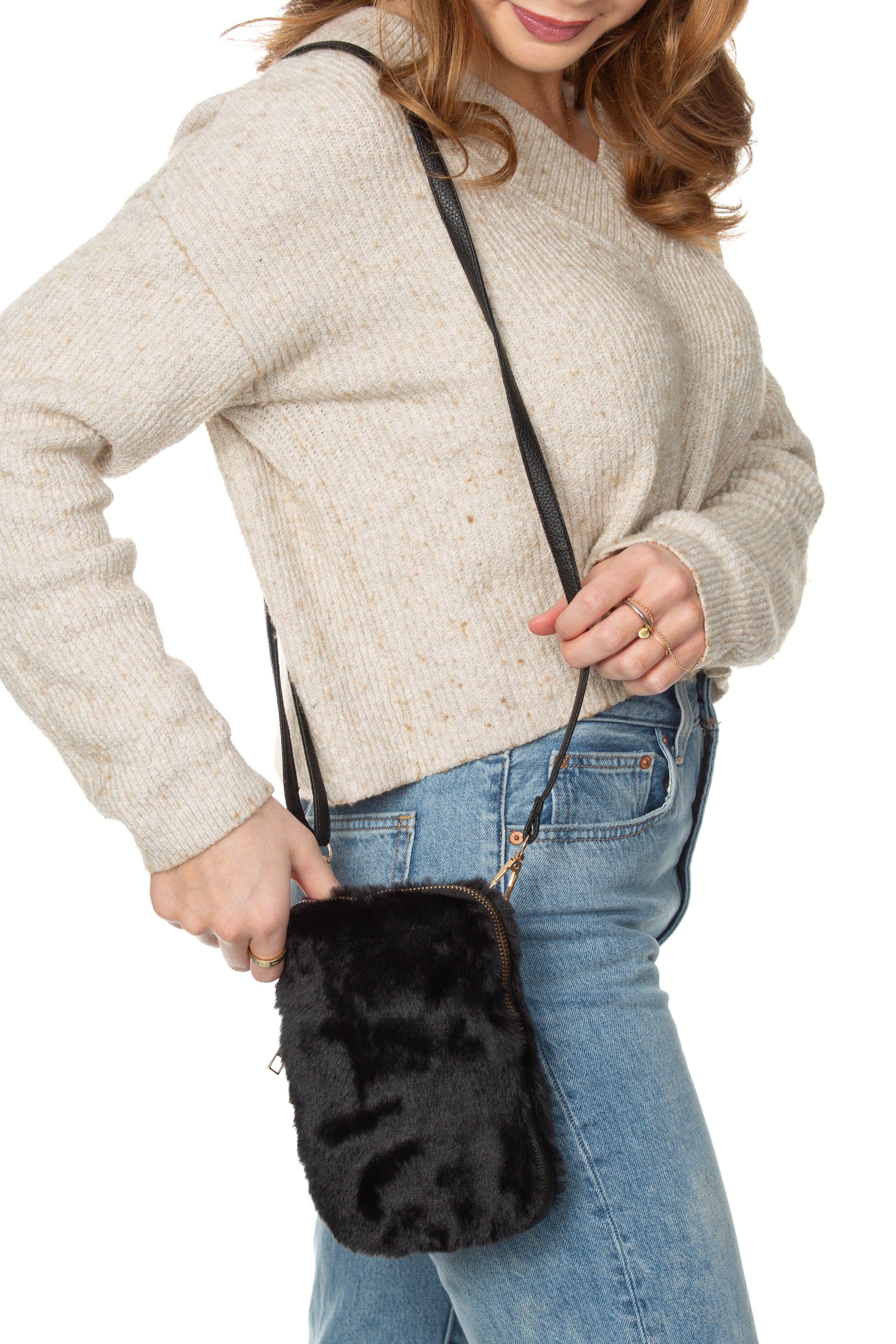 "The Betsy" Winter Cellphone Crossbody - in Classic Black Fur - Sidney Byron