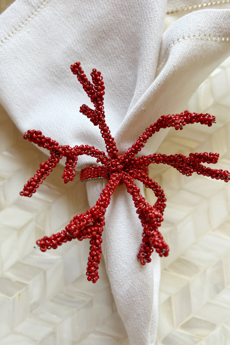 Hand Beaded Red Coral Napkin Rings - Set of 4 - Sidney Byron