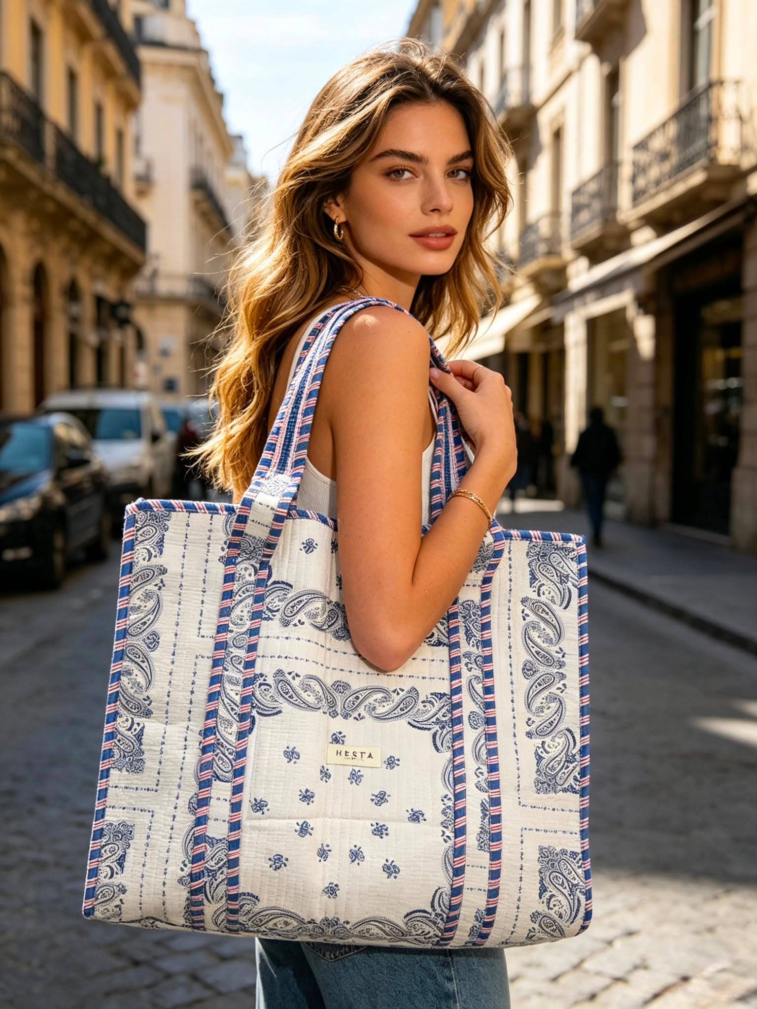 Large quilted tote bag with zipper - Emma Blue - Sidney Byron