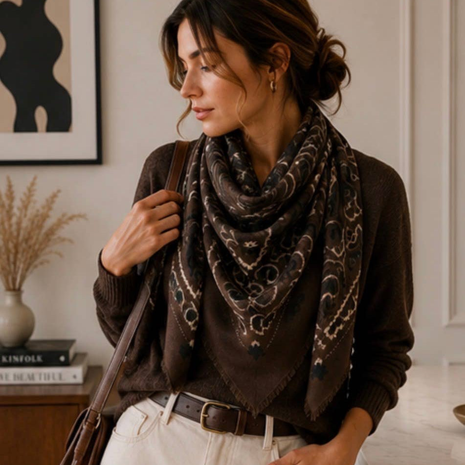Paisley Square Scarf in Coffee Brown - Sidney Byron