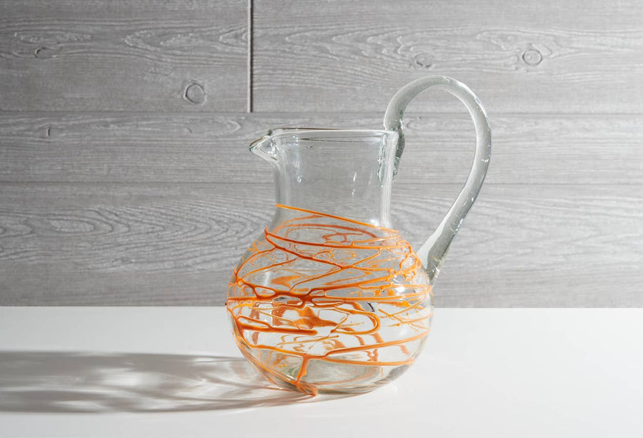 Handblown Glass Pitcher-Orange Swirl - Sidney Byron
