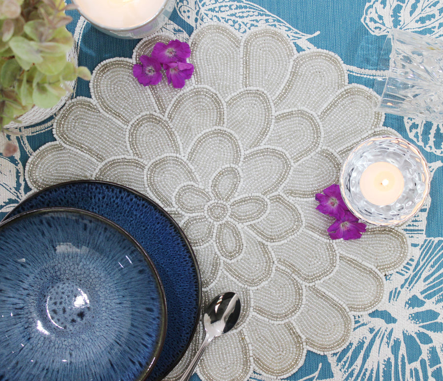 White Petals - Hand Beaded Placemat - Sidney Byron