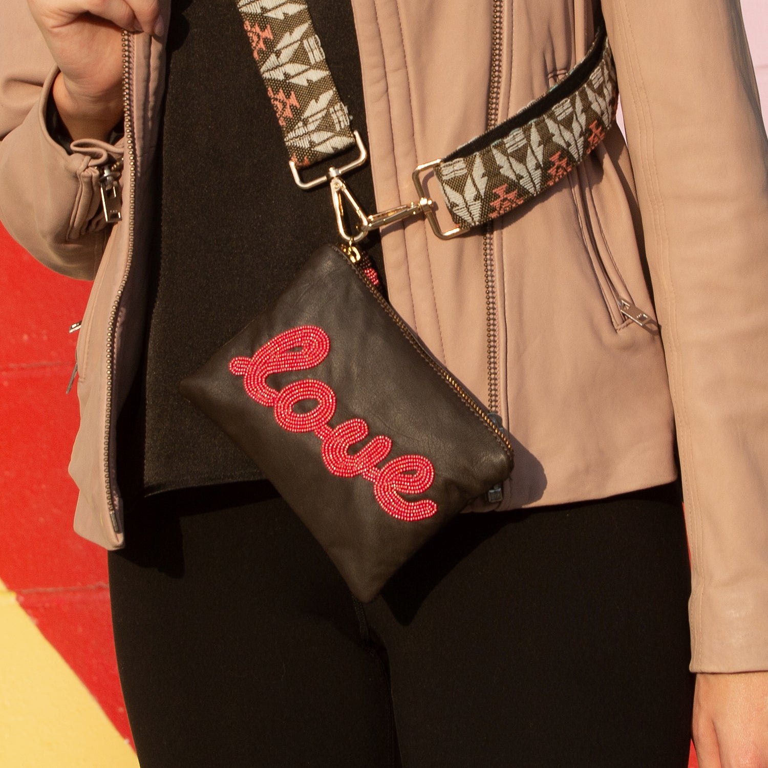 Sidney Byron Leather Mini Clutch with "Love" Beading in Brown - Sidney Byron