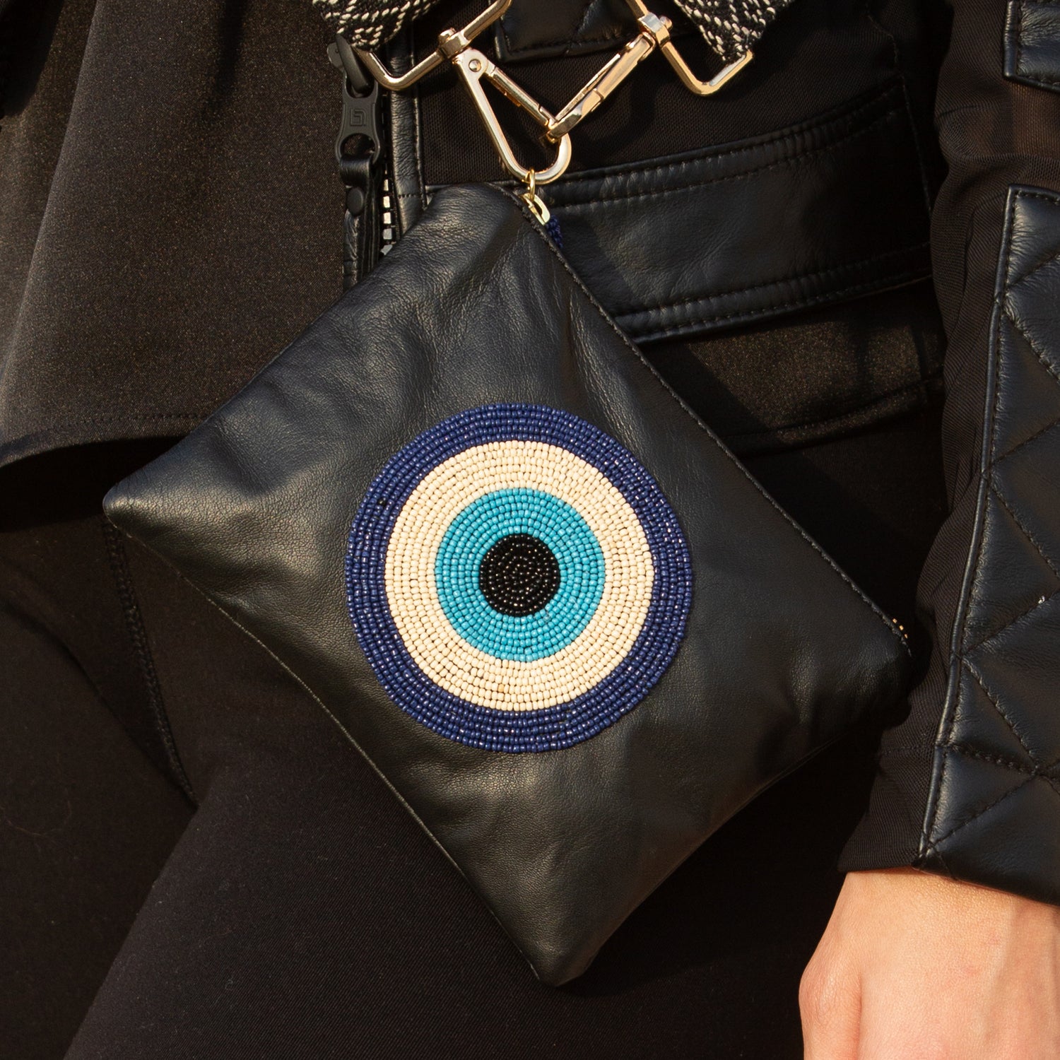 Sidney Byron Leather Mini Clutch With "Evil Eye" Beading in Black - Sidney Byron