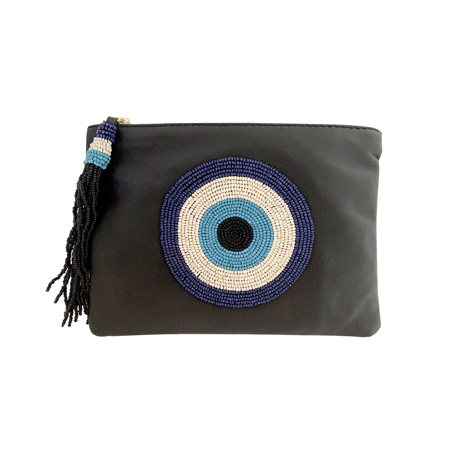 Sidney Byron Leather Mini Clutch With "Evil Eye" Beading in Black - Sidney Byron