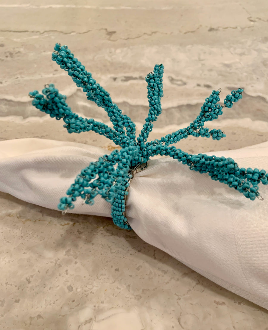 Hand Beaded Blue Coral Napkin Rings - Sidney Byron