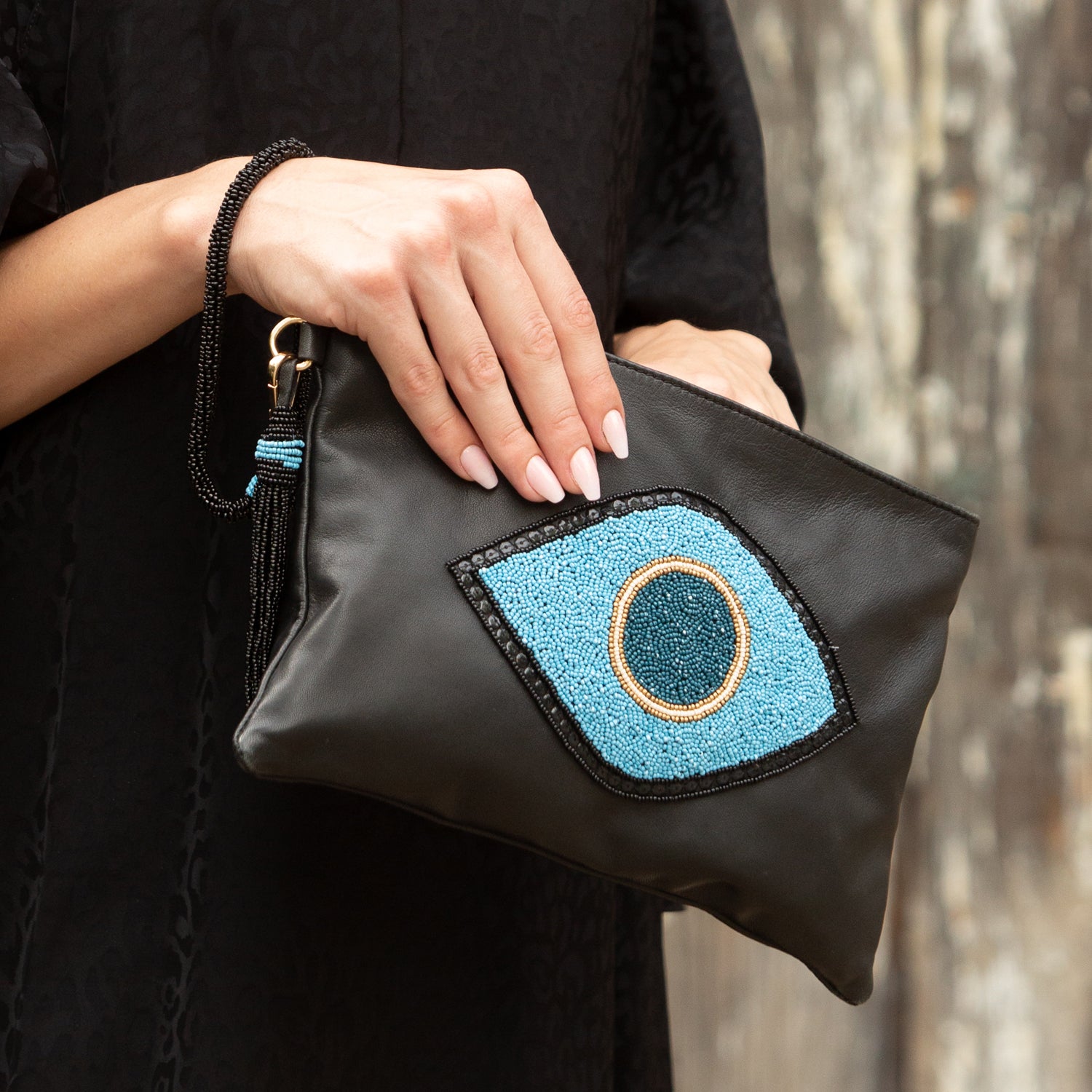 Sidney Byron Leather Bag With "Lucky Eye" Beading in Black - Sidney Byron